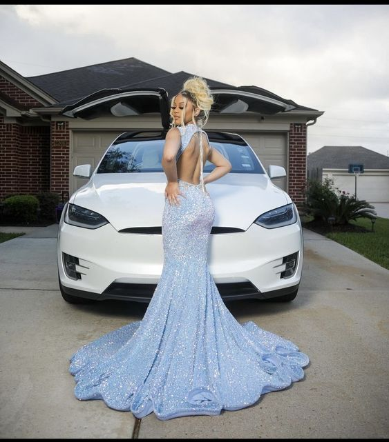 Blue Gorgeous Shiny Sequins Long Mermaid Slim Ball Gown Evening Dress