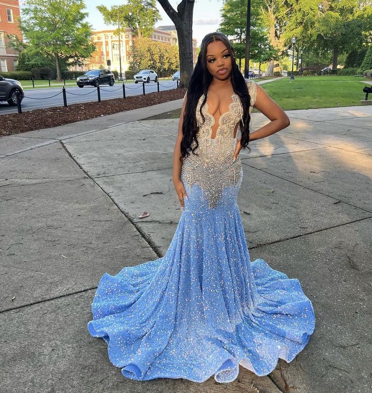 Blue Gorgeous Shiny Sequins Long Mermaid Slim Ball Gown Evening Dress Main image