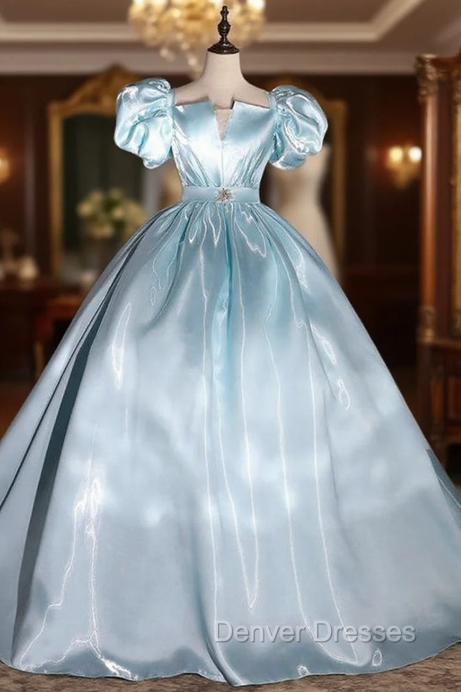 Blue Square Puff Sleeve Square Quinceanera Dress Main image