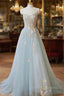 Blue Strapless Lace Formal Prom Dress, A-Line Tulle Evening Party Dress