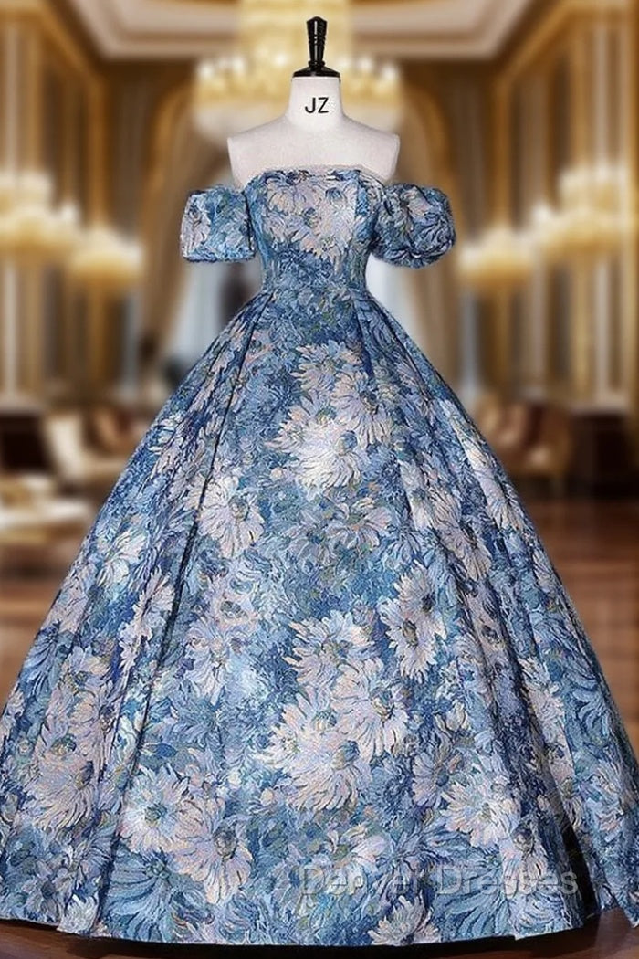 Blue Strapless Print Quinceanera Dress With Detachable Sleeve Main image