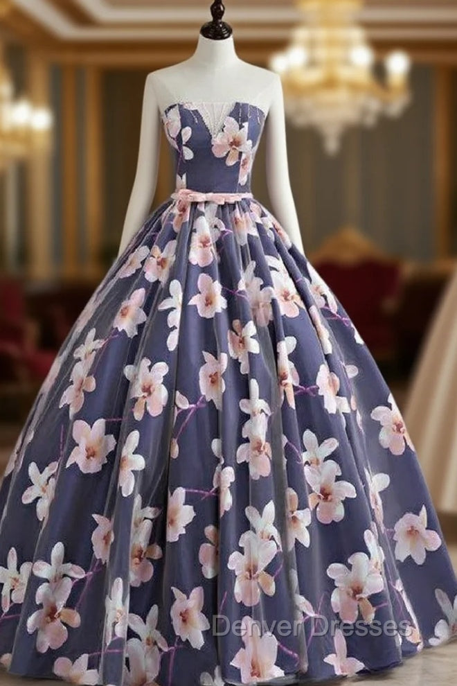 Blue Strapless Print Quinceanera Dress Main image