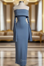 Blue Strapless Prom Dress Long Sleeve Bodycon Party Dress