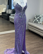 Vintage Strapless Sequins V-Neck Sheath High Slit Long Prom Dress