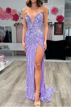 Vintage Strapless Sequins V-Neck Sheath High Slit Long Prom Dress