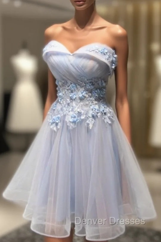 Blue Strapless Tulle Appliques Knee Length Homecoming Dress Main image