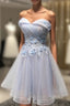 Blue Strapless Tulle Appliques Knee Length Homecoming Dress