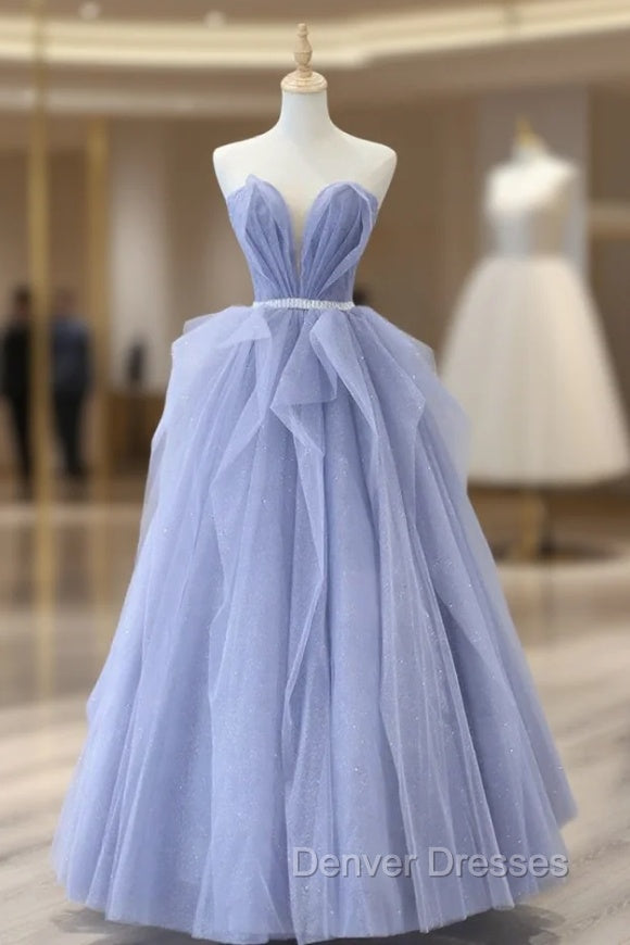 Blue Strapless Tulle Long Prom Dress, Lovely Sweetheart Neckline Evening Dress Main image