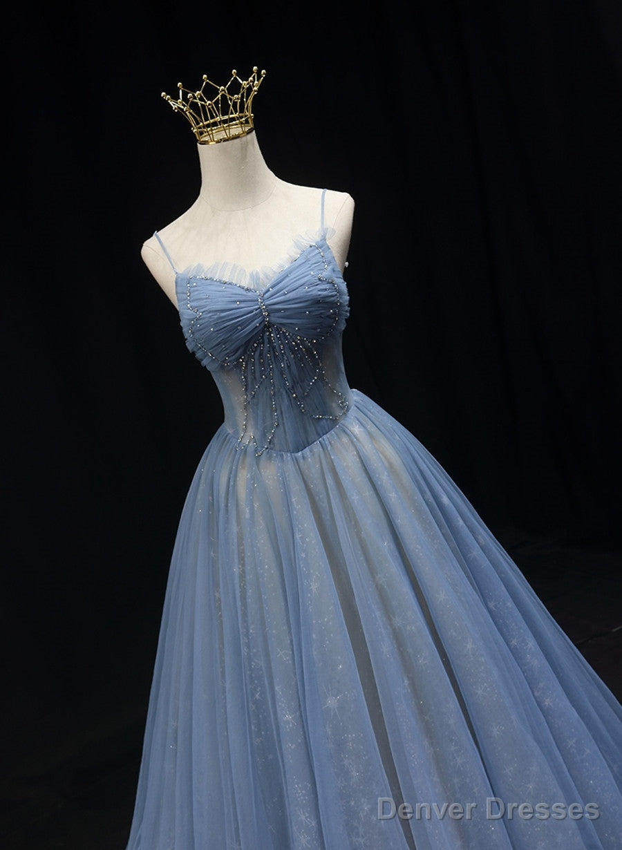 Blue Straps Beaded Tulle A-Line Long Party Dress, Blue Fashionable Prom Dress Secondary image