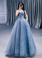 Blue Straps Beaded Tulle A-Line Long Party Dress, Blue Fashionable Prom Dress