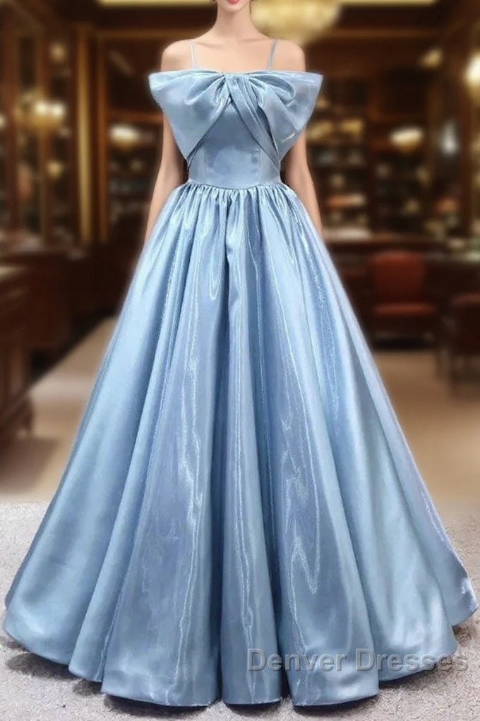 Blue Sweet A-Line Spaghetti Strap Satin Long Prom Dress Evening Party Dress Main image