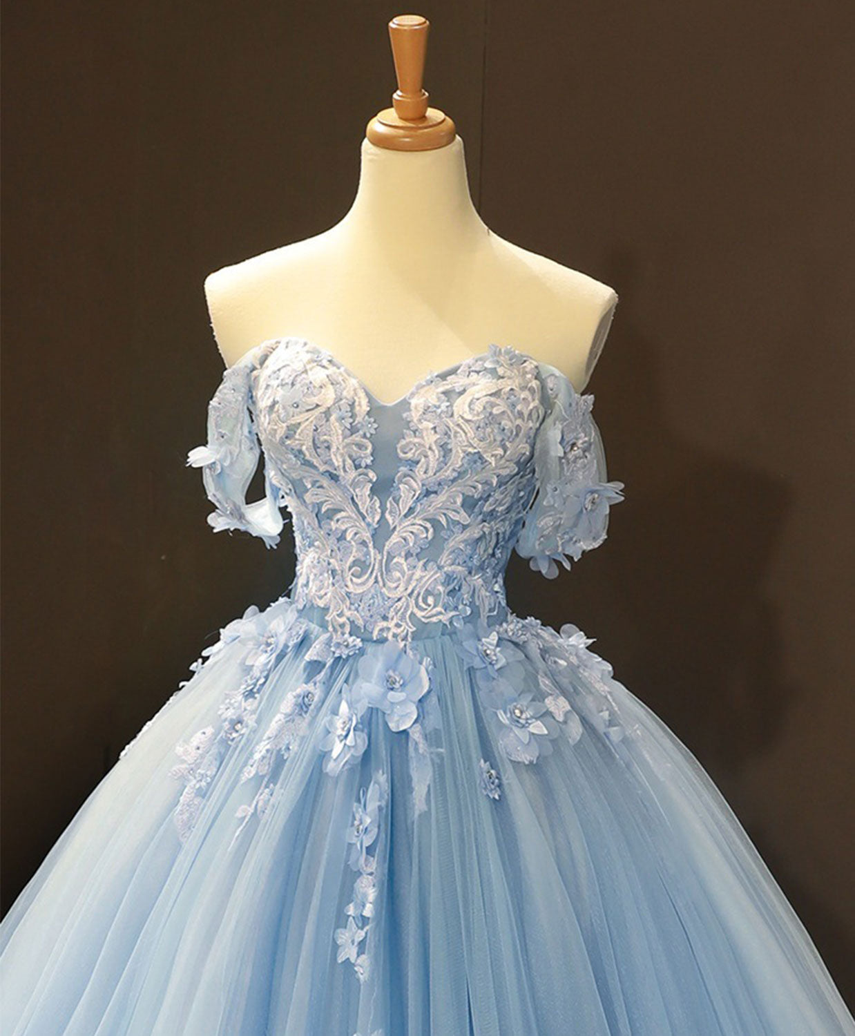 Blue Sweetheart Ball Gown Flowers Sweet 16 Dress, Blue Off Shoulder Wedding Party Dress Secondary image