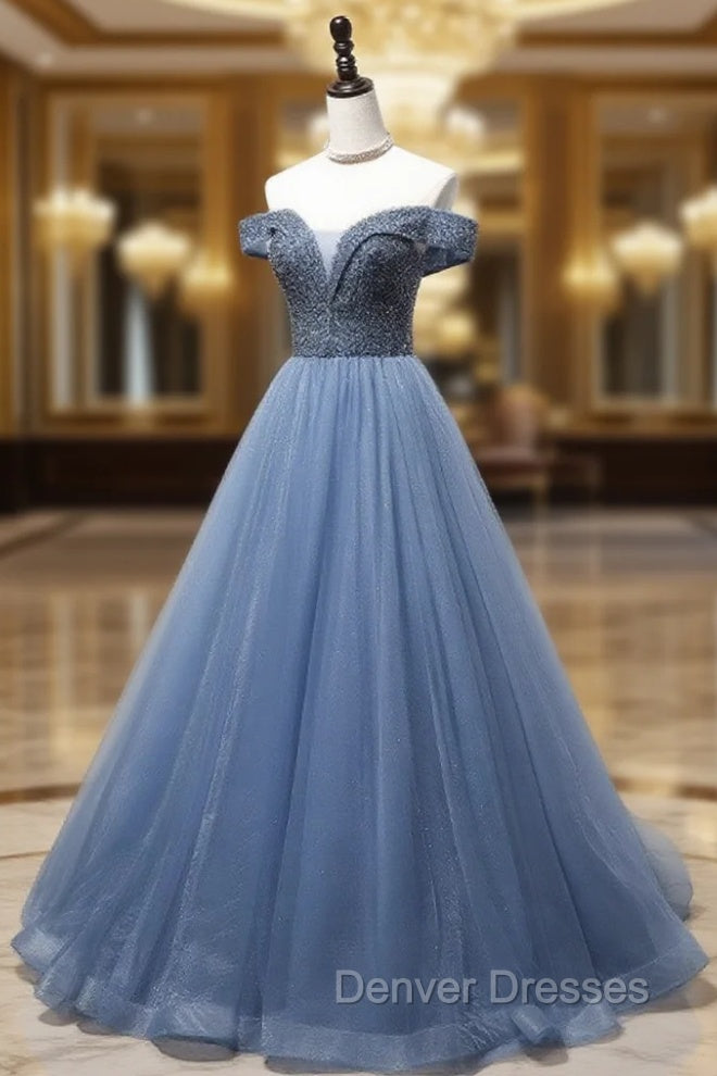 Blue Sweetheart Neck Beads Long Prom Dress, Blue Tulle Formal Dress With Beading Sequin Main image