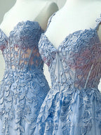 Blue Sweetheart Neck Lace Long Prom Dress, Blue A-line Lace Graduation Dress
