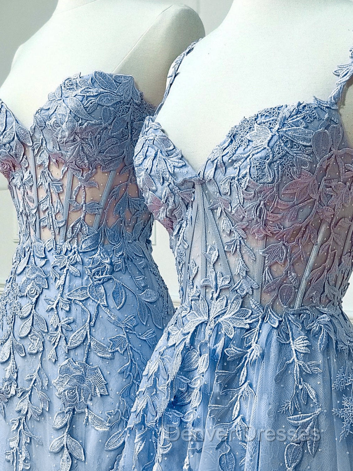 Blue Sweetheart Neck Lace Long Prom Dress, Blue A-line Lace Graduation Dress