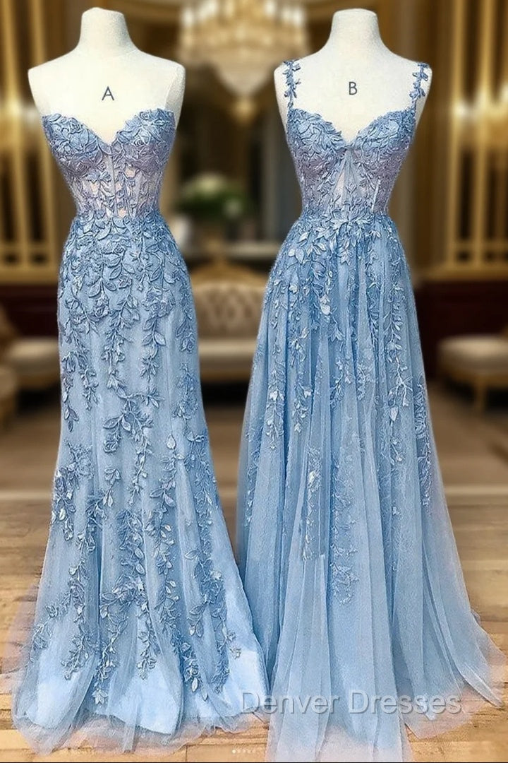 Blue Sweetheart Neck Lace Long Prom Dress, Blue A-line Lace Graduation Dress Main image