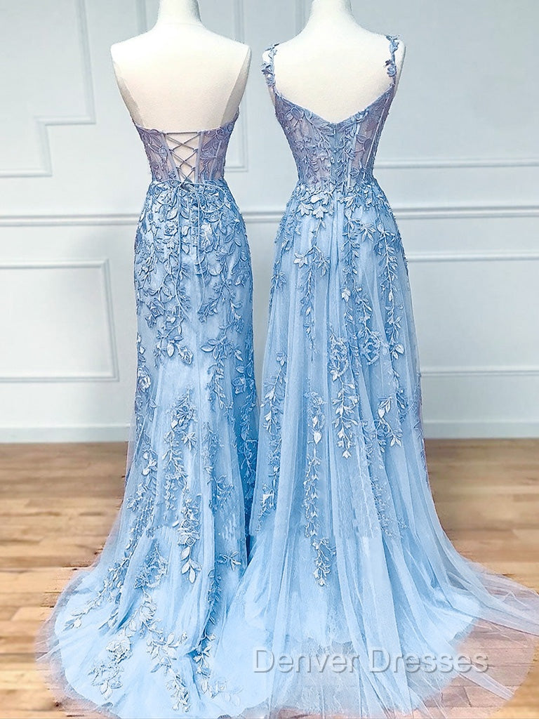 Blue Sweetheart Neck Lace Long Prom Dress, Blue Lace Graduation Dress Secondary image