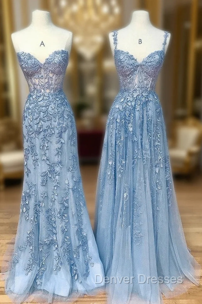 Blue Sweetheart Neck Lace Long Prom Dress, Blue Lace Graduation Dress Main image
