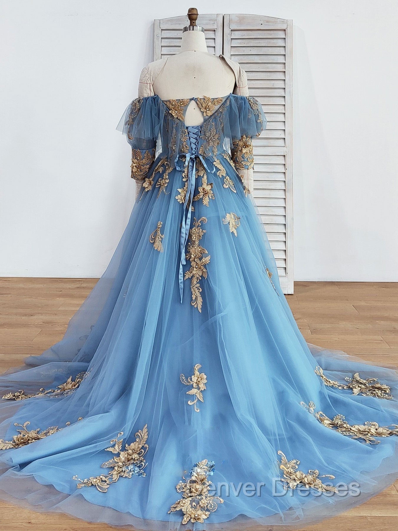 Blue Sweetheart Neck Off Shoulder Long Prom Dress, Lace Evening Dress