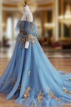 Blue Sweetheart Neck Off Shoulder Long Prom Dress, Lace Evening Dress