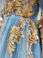 Blue Sweetheart Neck Off Shoulder Long Prom Dress, Lace Evening Dress