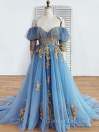 Blue Sweetheart Neck Off Shoulder Long Prom Dress, Lace Evening Dress