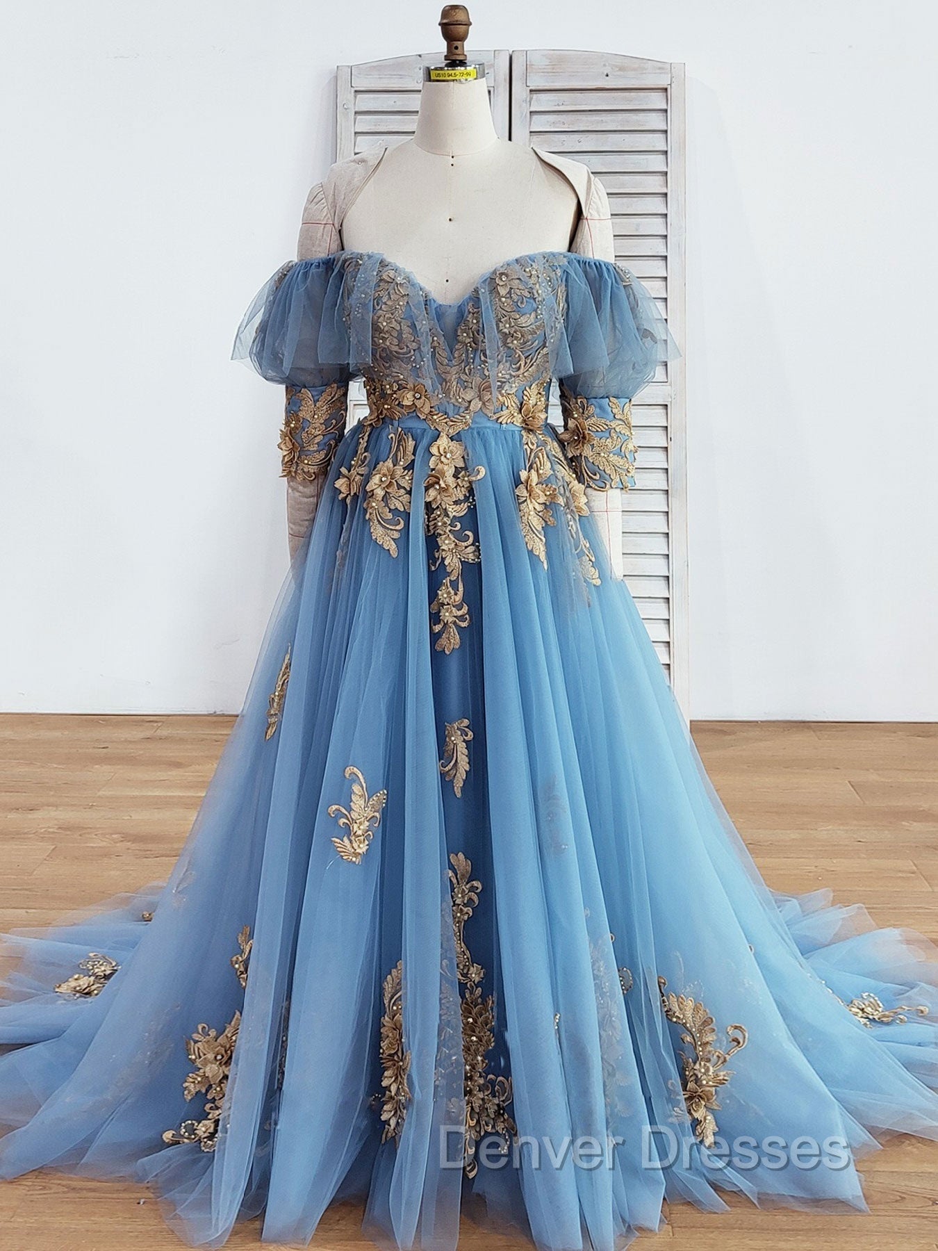 Blue Sweetheart Neck Off Shoulder Long Prom Dress, Lace Evening Dress