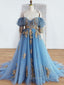 Blue Sweetheart Neck Off Shoulder Long Prom Dress, Lace Evening Dress