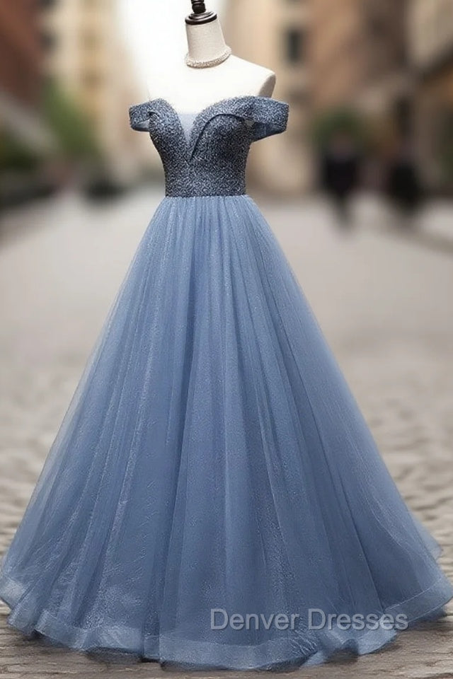 Blue Sweetheart Neck Tulle Beads Off Shoulder Long Prom Dress Secondary image