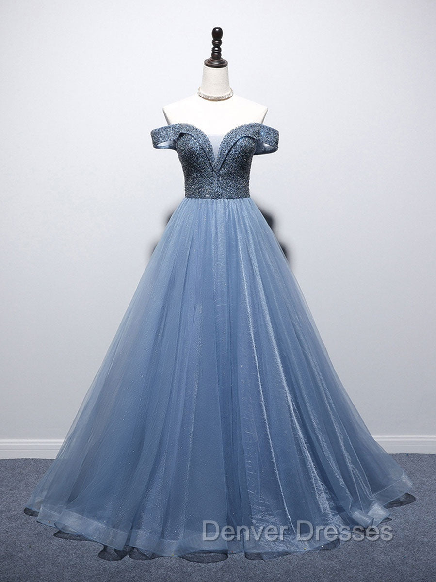 Blue Sweetheart Neck Tulle Beads Off Shoulder Long Prom Dress Main image