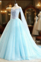 Blue Sweetheart Neck Tulle Lace Long Prom Dress, Blue Evening Dress