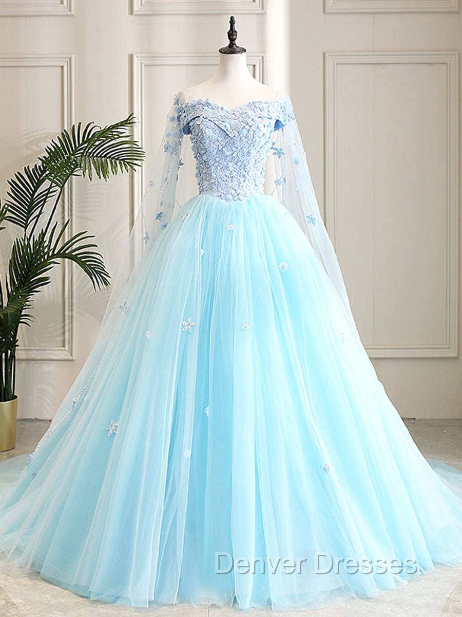 Blue Sweetheart Neck Tulle Lace Long Prom Dress, Blue Evening Dress Main image