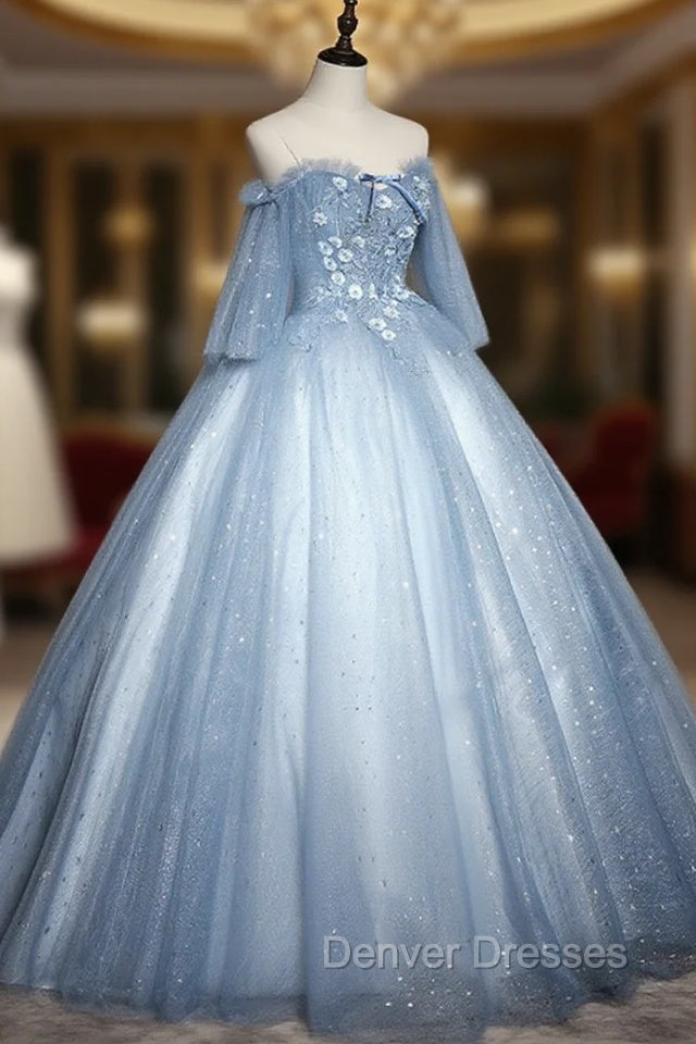 Blue Sweetheart Neck Tulle Lace Long Prom Dress, Blue Evening Dress
