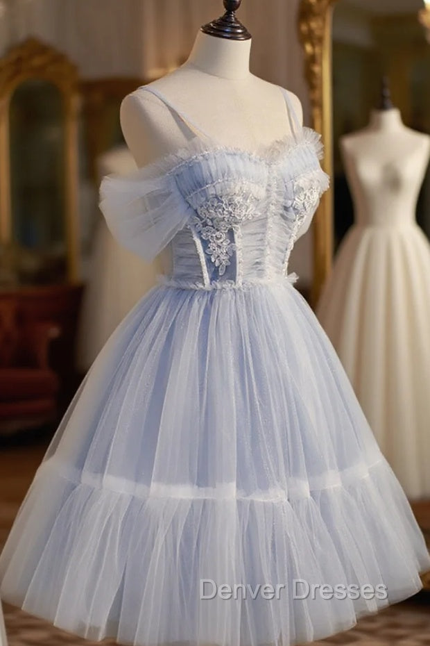Blue sweetheart neck tulle lace short prom Dress blue puffy homecoming Dress