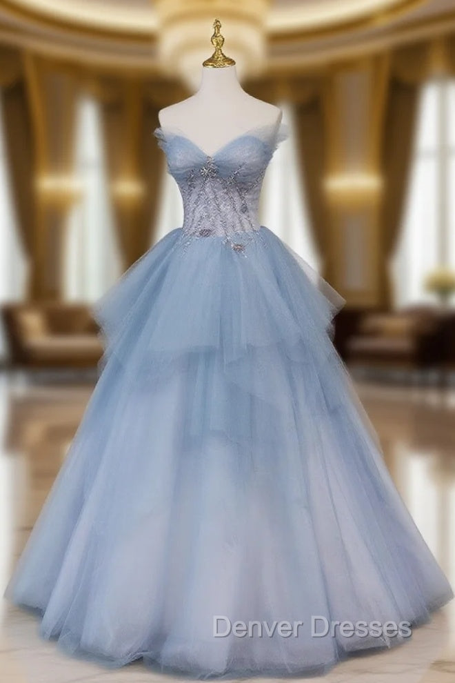 Blue Sweetheart Neck Tulle Long Prom Gown, Blue Long Formal Graduation Dress Main image