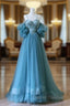 Blue Sweetheart Off Shoulder Long Party Dress, Blue Tulle Prom Dress