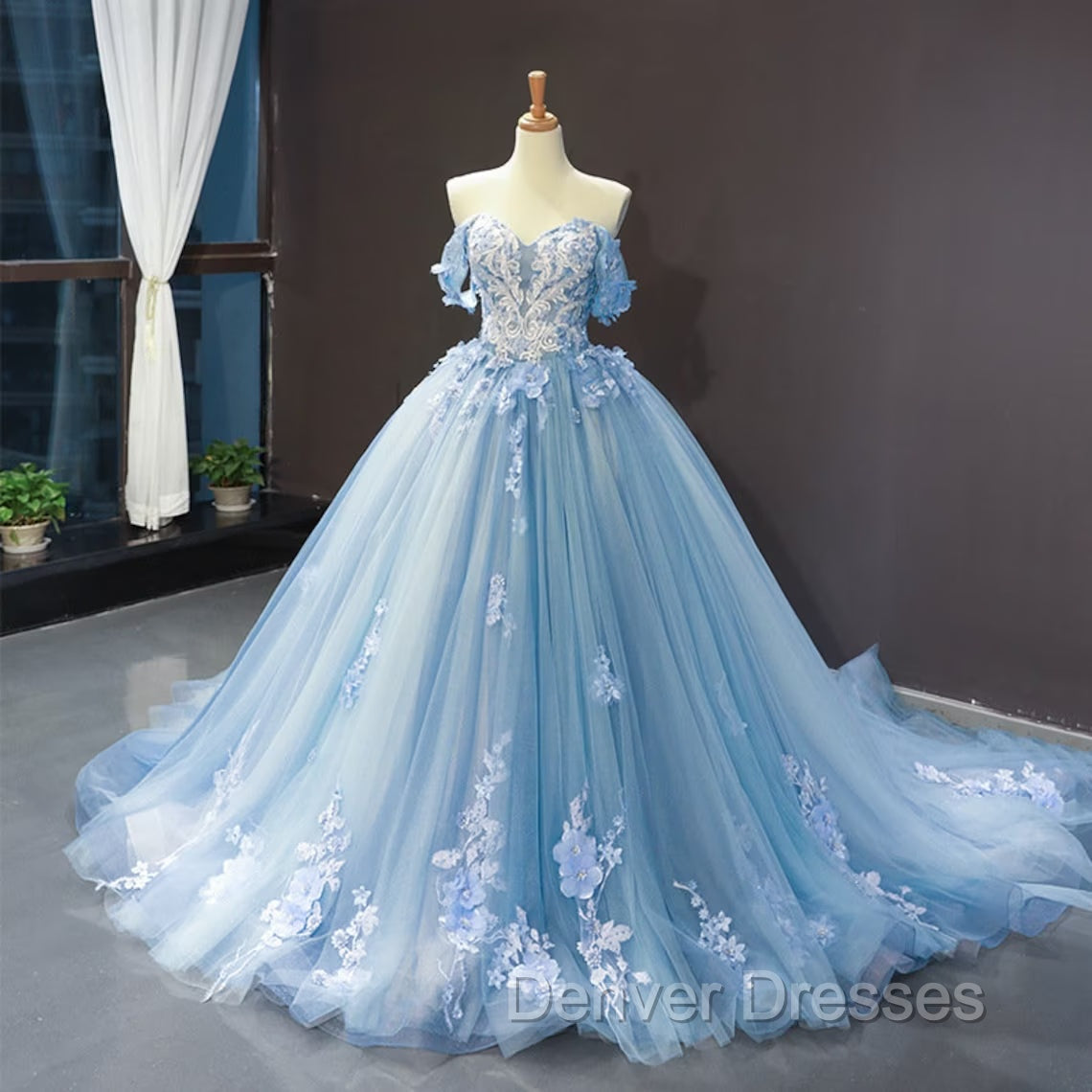 Blue Sweetheart Off Shoulder with Lace Applique Party Dress, Blue Sweet 16 Dress