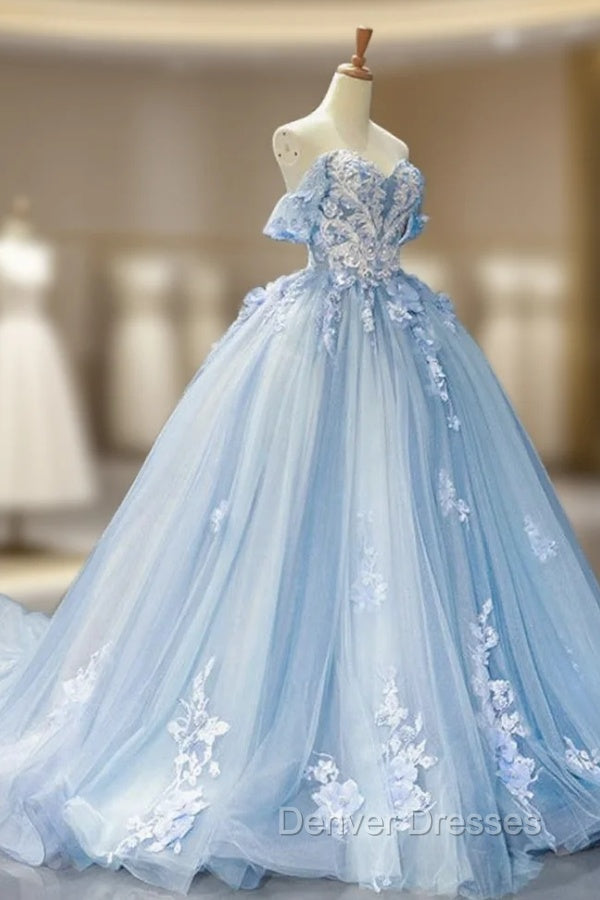 Blue Sweetheart Off Shoulder with Lace Applique Party Dress, Blue Sweet 16 Dress