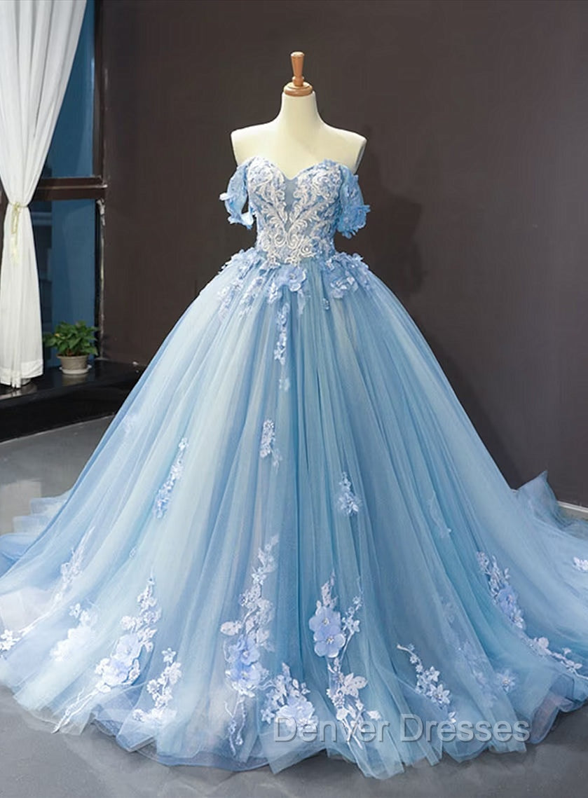 Blue Sweetheart Off Shoulder with Lace Applique Party Dress, Blue Sweet 16 Dress Main image
