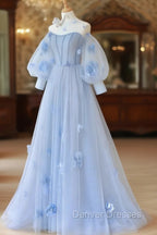 Blue Sweetheart Tulle 3D Flower Long Prom Dress, Blue Evening Dress