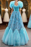 Blue Sweetheart Tulle Appliques Beading Pleats Prom Dress