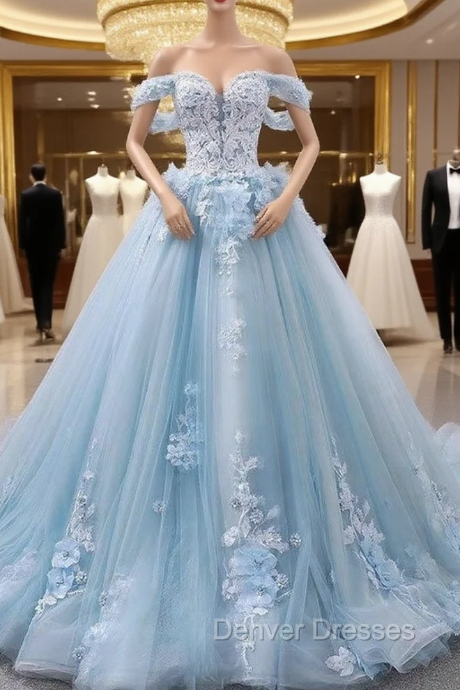 Blue Sweetheart Tulle Lace Long Prom Dress, Blue Wedding Dress Main image