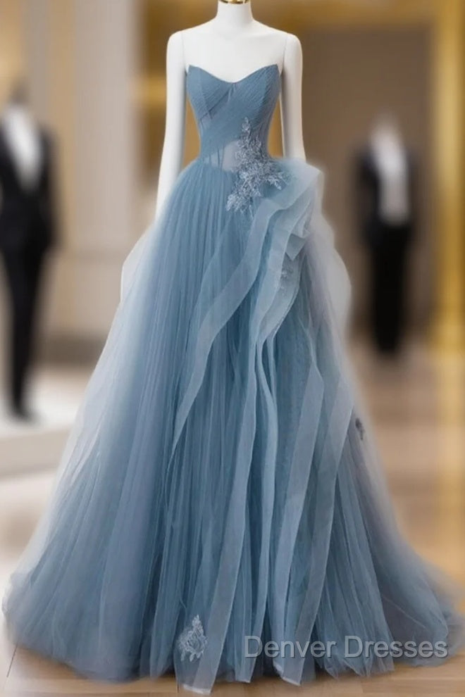 Blue Sweetheart Tulle Layers Long Formal Dress, Blue Long Party Dress Prom Dress Main image