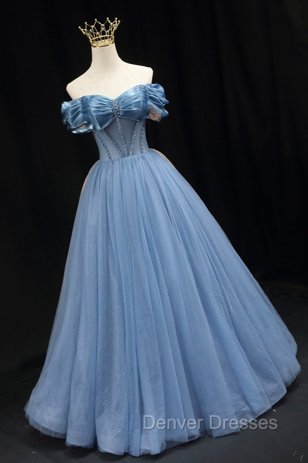 Blue Sweetheart Tulle Long Formal Dress, Off the Shoulder Evening Graduation Dress Secondary image