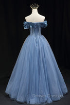 Blue Sweetheart Tulle Long Formal Dress, Off the Shoulder Evening Graduation Dress