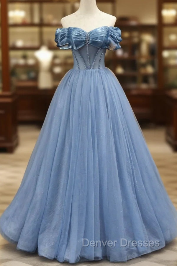 Blue Sweetheart Tulle Long Formal Dress, Off the Shoulder Evening Graduation Dress