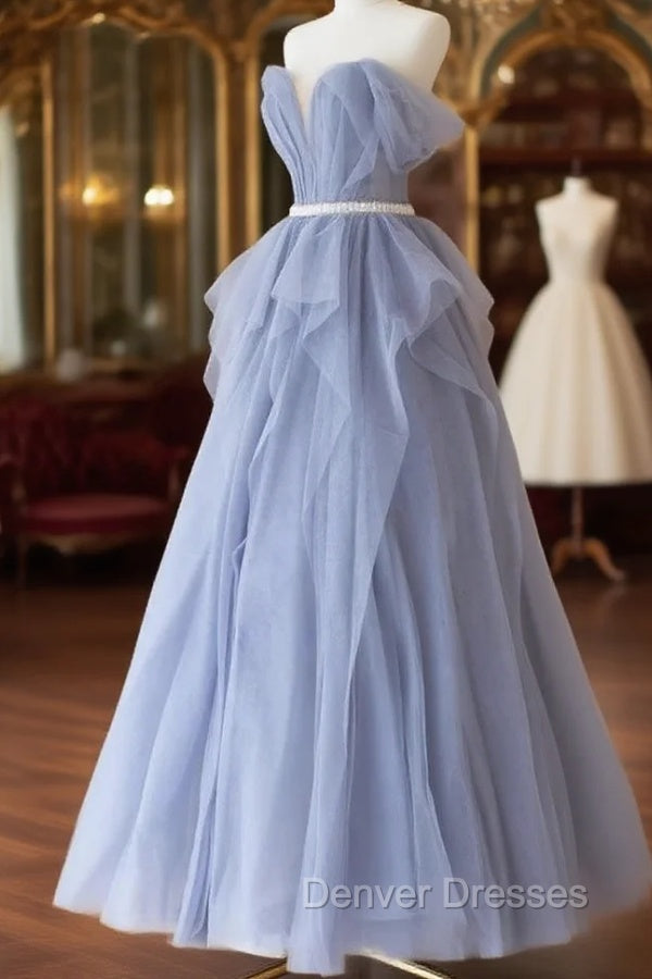Blue Sweetheart Tulle Off-the-Shoulder Floor-Length Prom Dress, Blue Evening Gown Secondary image