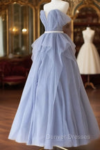Blue Sweetheart Tulle Off-the-Shoulder Floor-Length Prom Dress, Blue Evening Gown