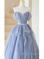 Blue Sweetheart Tulle Off-the-Shoulder Floor-Length Prom Dress, Blue Evening Gown