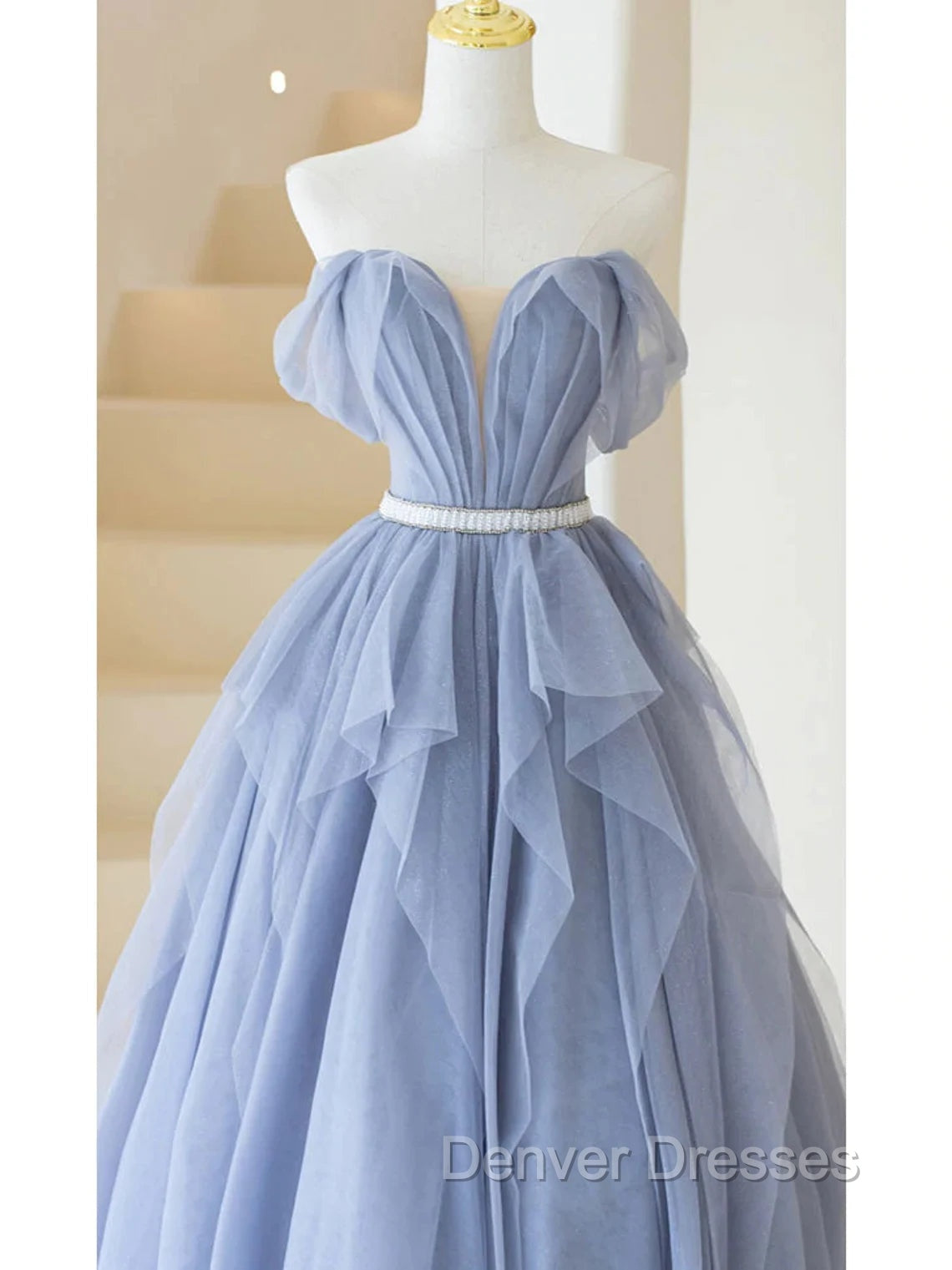 Blue Sweetheart Tulle Off-the-Shoulder Floor-Length Prom Dress, Blue Evening Gown
